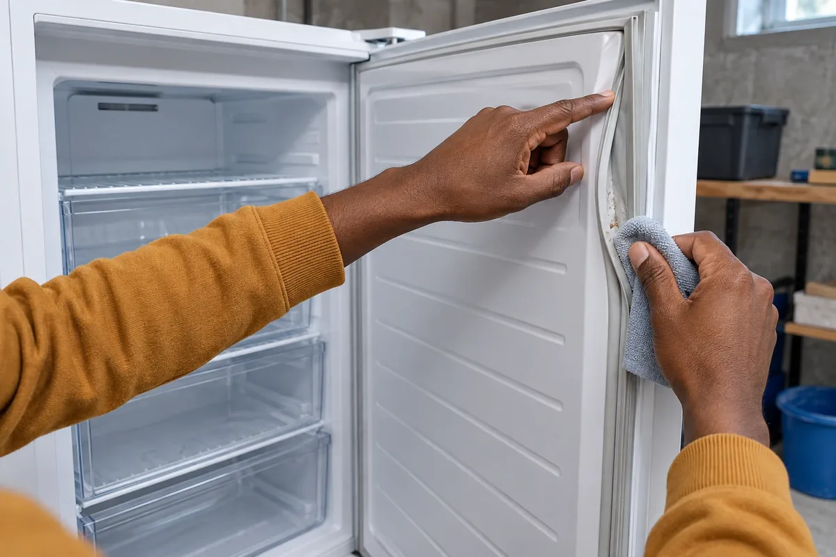 Deux mains inspectent et essuient le joint d’une porte de congélateur propre, vide et entièrement dégivré.