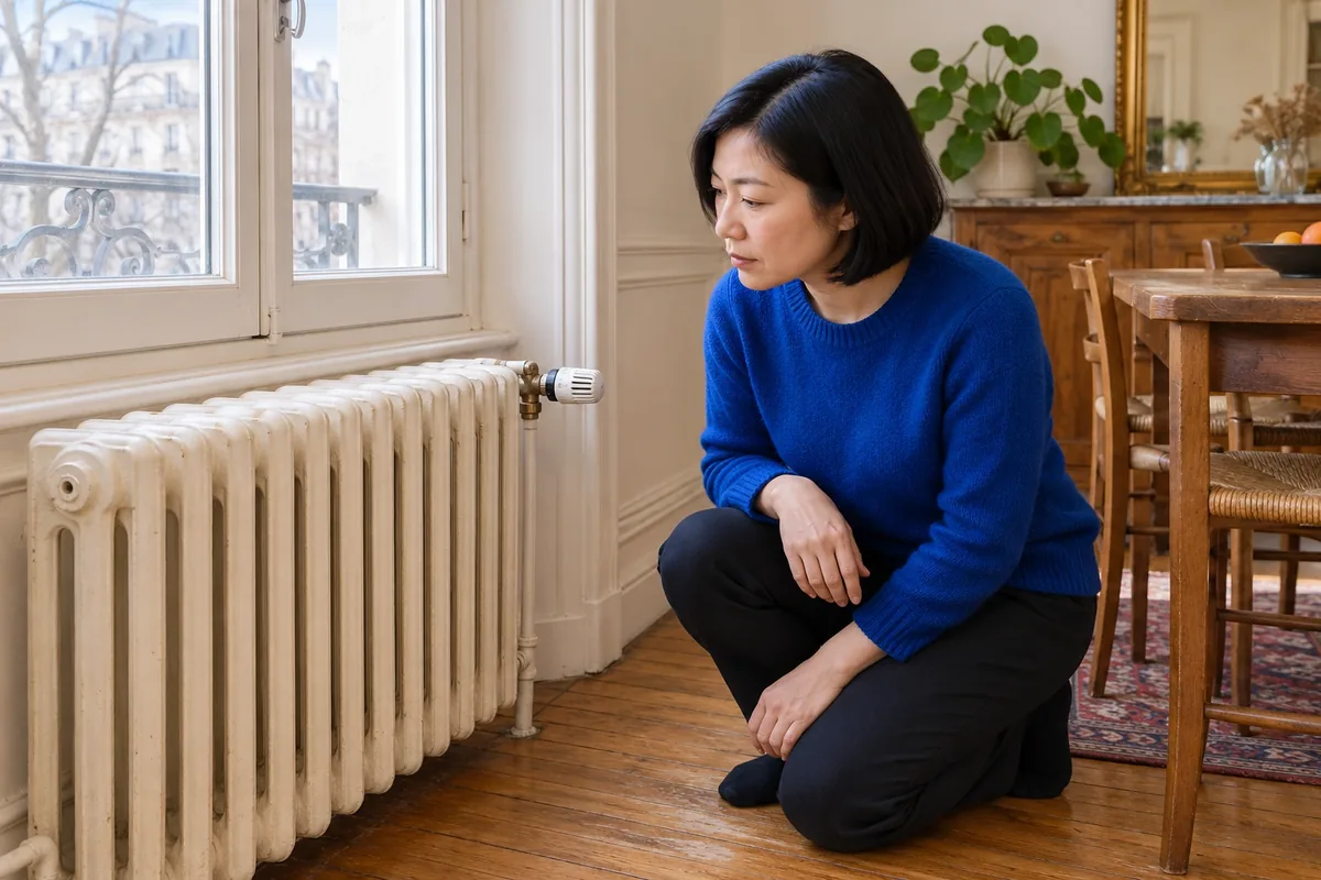 Une femme en pull bleu observe le robinet thermostatique d’un radiateur en fonte dans une salle à manger lumineuse.