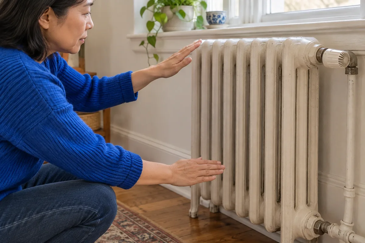 Une femme approche ses mains du haut et du bas d’un radiateur en fonte pour comparer prudemment leur température.