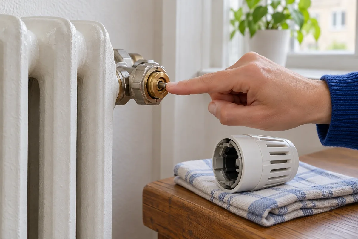 Un doigt appuie doucement sur le pointeau d’une vanne de radiateur, la tête thermostatique reposant sur un linge.