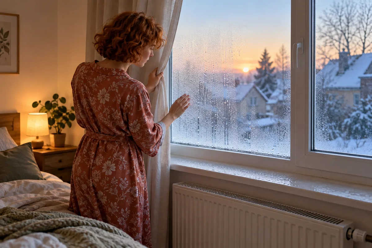 Une femme en robe de chambre ouvre le rideau devant une fenêtre couverte de condensation au lever du jour.
