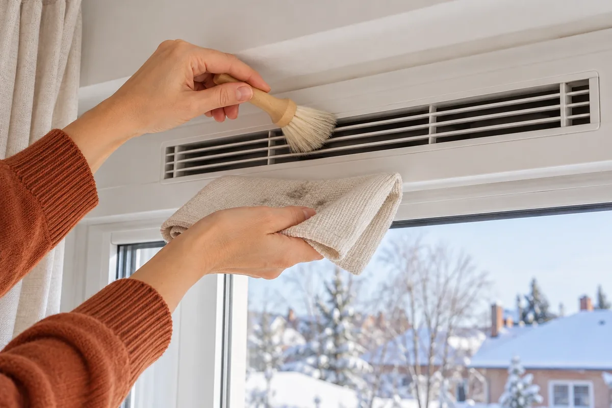 Deux mains retirent la poussière d’une grille d’aération au-dessus d’une fenêtre avec une brosse sèche.