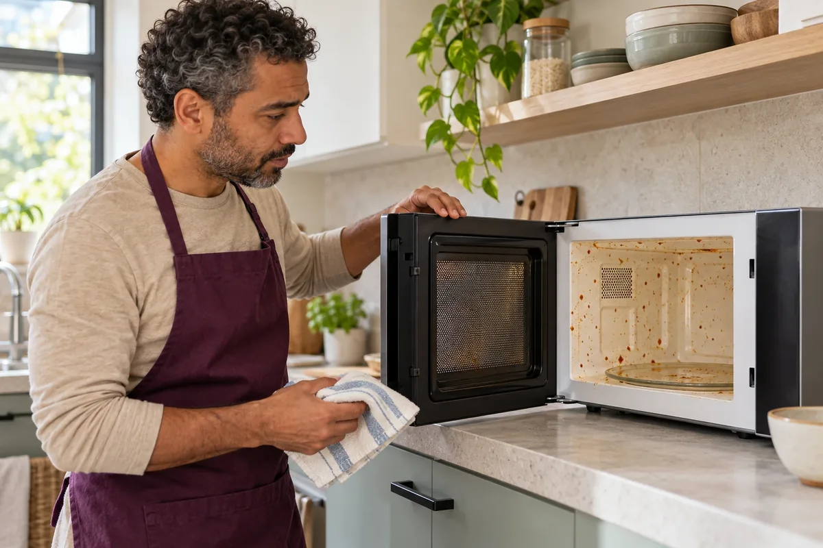 Un homme en tablier prune examine les projections sèches à l’intérieur d’un micro-ondes ouvert dans une cuisine.