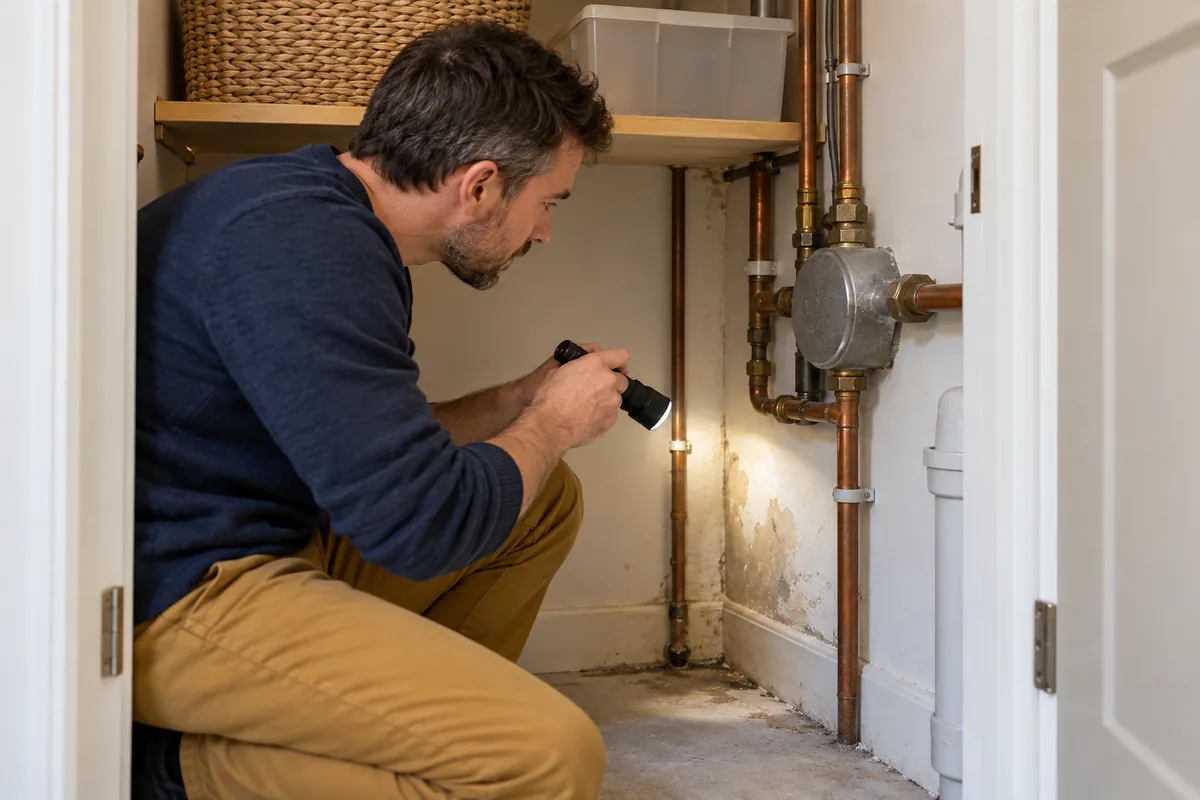 Un homme inspecte des tuyaux et une trace d’humidité dans un placard à l’aide d’une lampe.