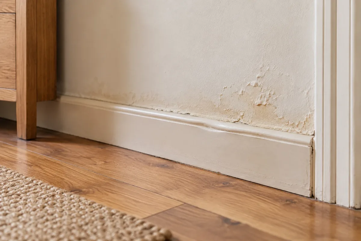 Peinture qui cloque et plinthe gonflée, signes d'infiltration