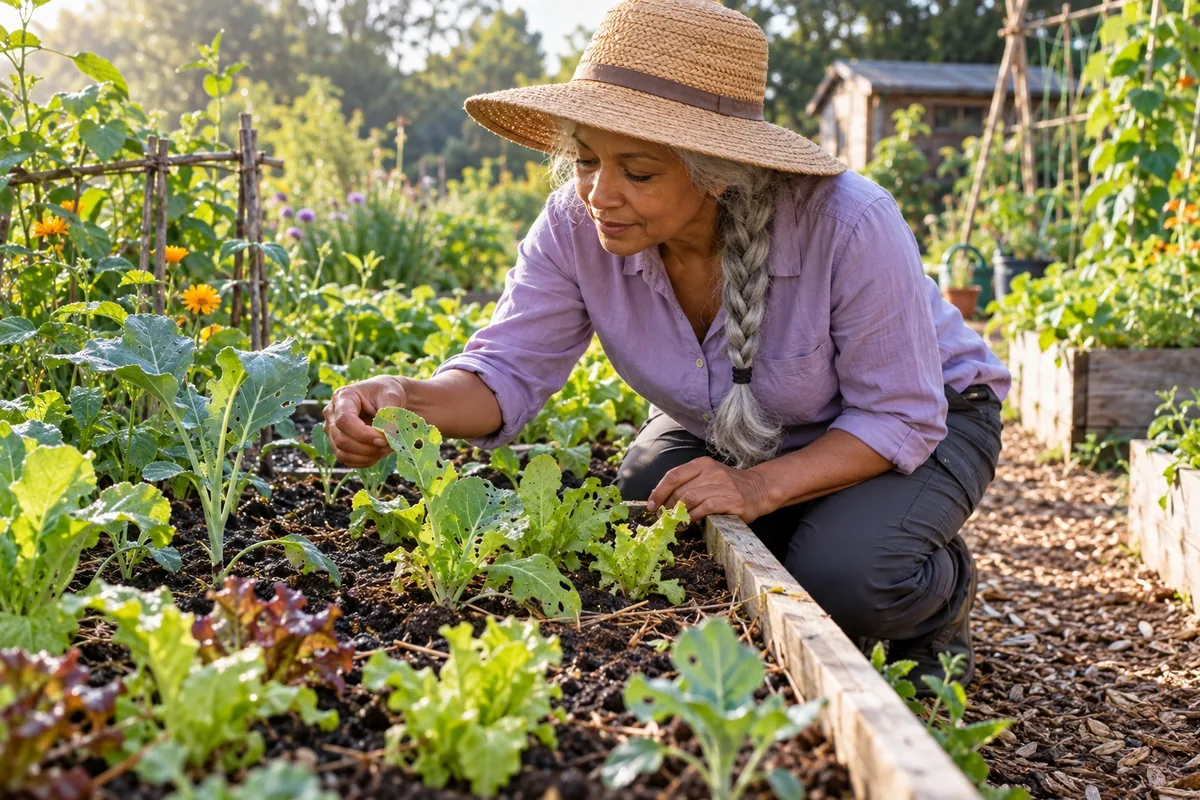 Une jardinière en chemise mauve inspecte des feuilles trouées dans un carré potager éclairé par le soleil du matin.
