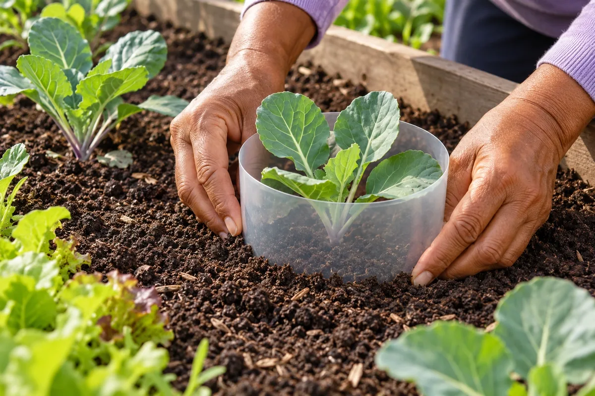 Deux mains enfoncent une collerette translucide à bord lisse autour d’un jeune plant dans la terre meuble.