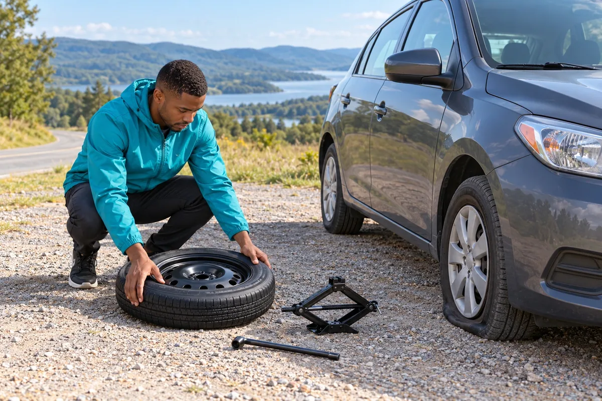 Un homme en coupe-vent turquoise prépare une roue de secours et un cric près d’une voiture arrêtée sur une aire sûre.