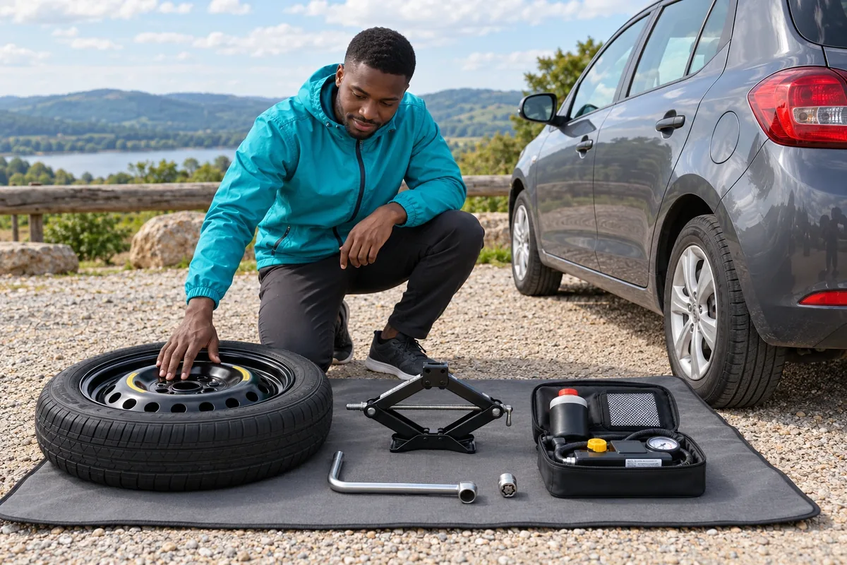 Une roue de secours, un cric, une clé de roue et un nécessaire de réparation sont disposés sur un tapis.