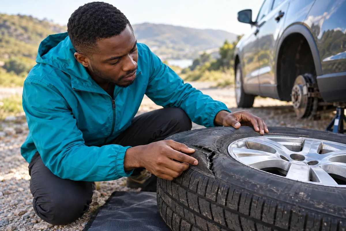 Un homme examine une large entaille sur le flanc d’un pneu démonté posé à plat sur un tapis.