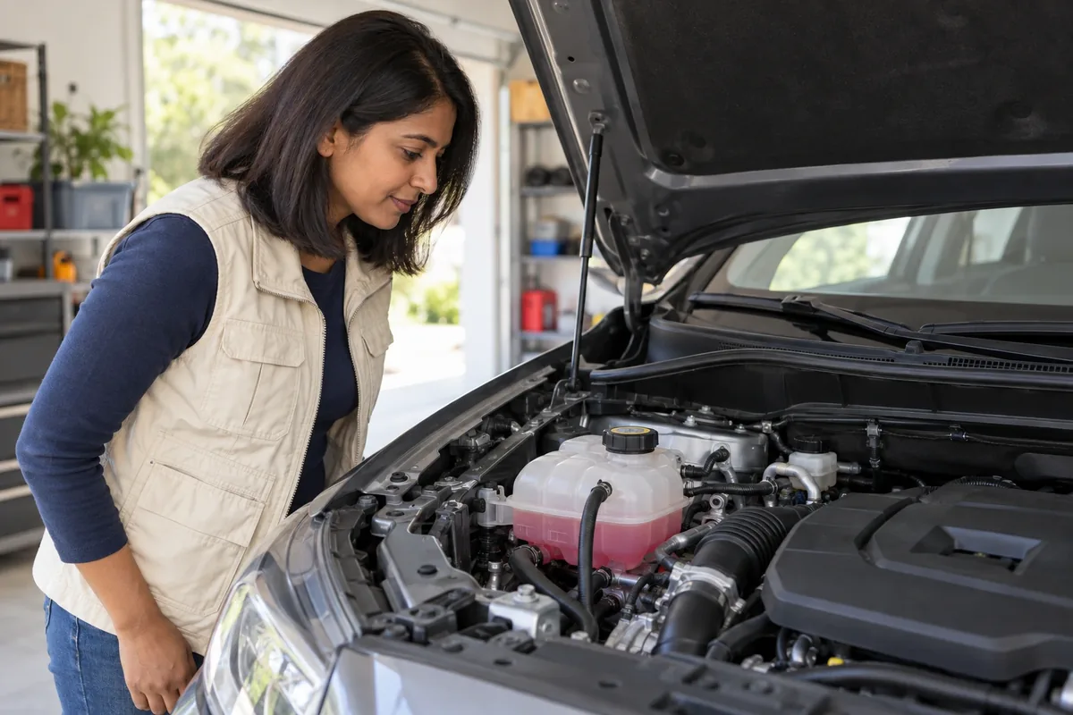 Une femme observe le vase d’expansion fermé d’une voiture au moteur froid dans un garage lumineux.