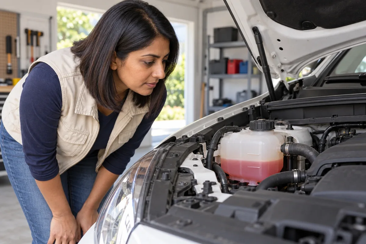 Une femme contrôle de côté le niveau rose visible dans le vase d’expansion fermé d’un moteur froid.