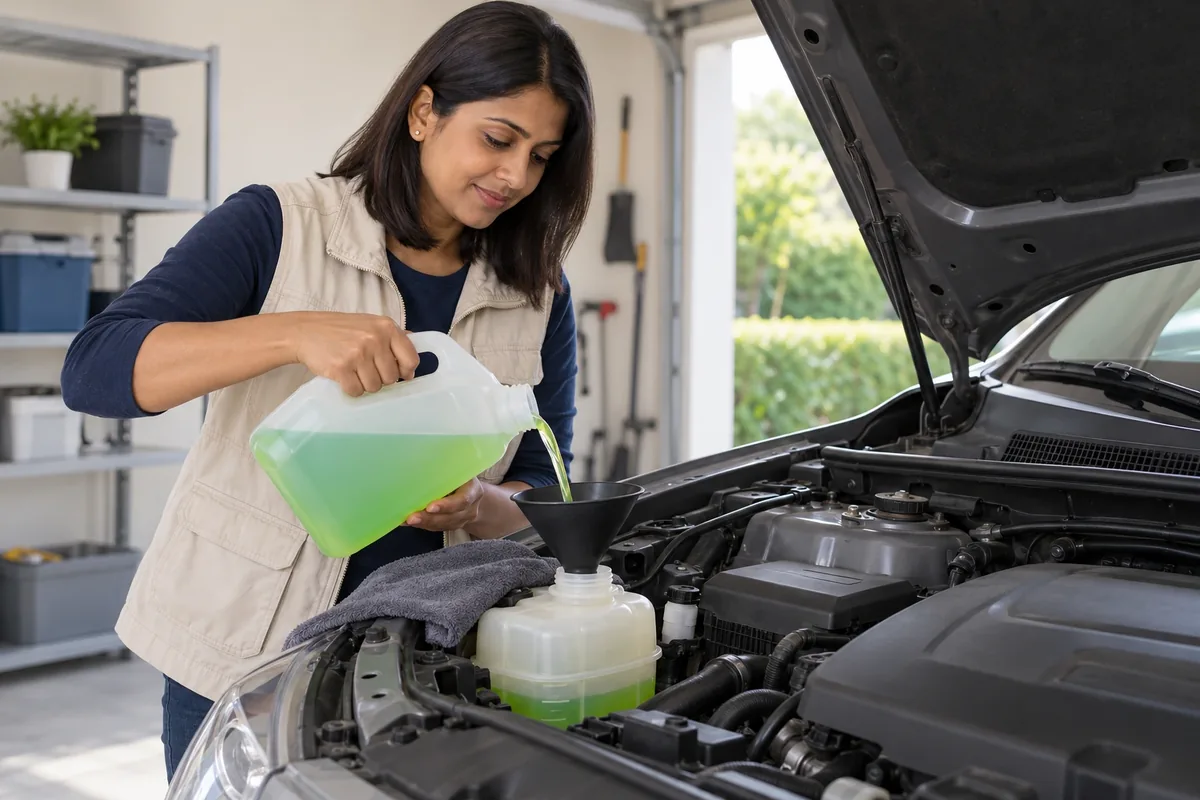 Une femme verse un liquide vert avec un entonnoir propre dans le vase d’expansion d’un moteur froid.