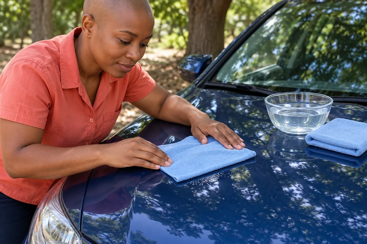 Une femme pose une microfibre humide à plat sur une salissure localisée du capot, sans la frotter.