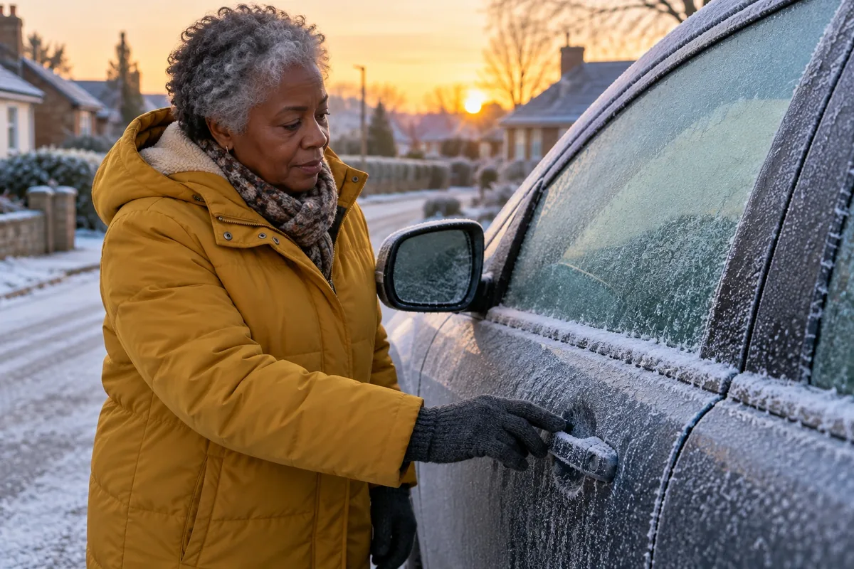 Une femme âgée teste légèrement la poignée d’une voiture couverte de givre dans une rue enneigée.