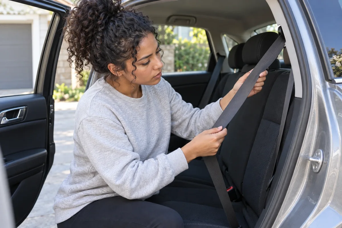Une jeune femme inspecte une ceinture de sécurité détendue depuis la porte arrière ouverte d’une voiture.