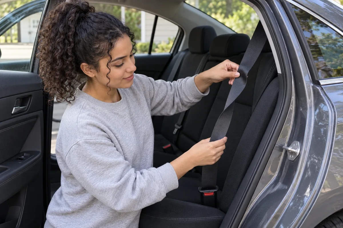 Une jeune femme remet à plat une torsion visible sur la sangle d’une ceinture de sécurité arrière.