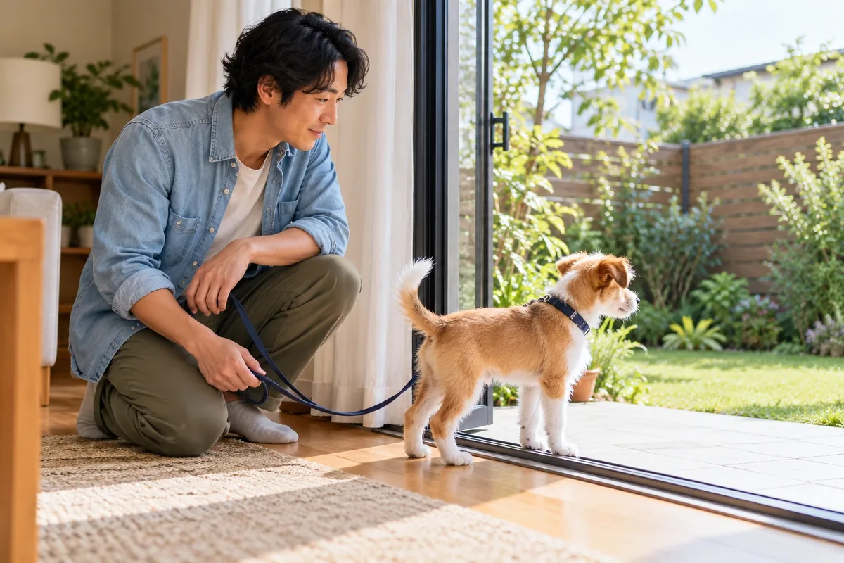 Un homme tient la laisse d’un chiot attentif devant une porte ouverte sur un petit jardin clôturé.