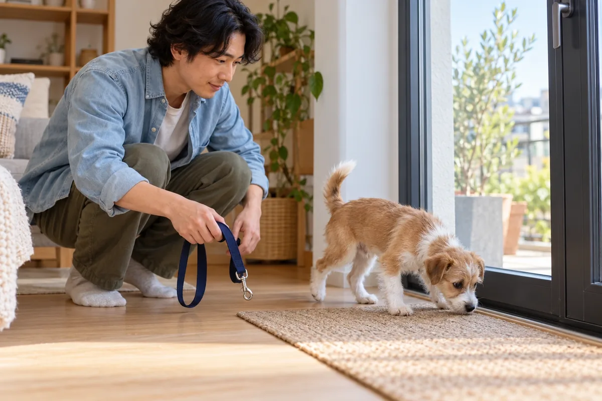 Un chiot renifle près de la porte tandis qu’un homme saisit calmement sa laisse pour le sortir.