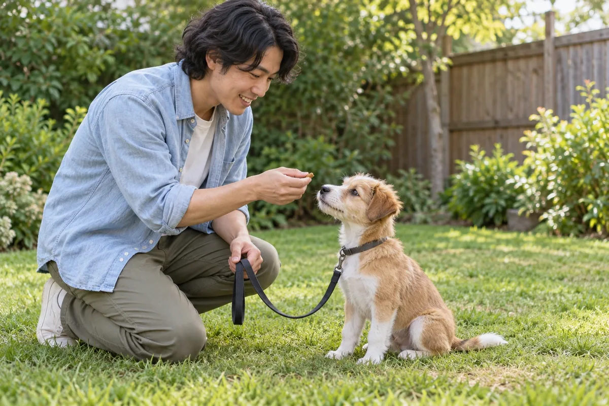 Un homme récompense immédiatement un chiot assis dans un endroit calme et clôturé du jardin.