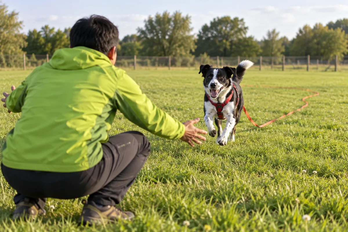 Un chien noir et blanc revient en courant vers une personne accroupie dans un grand pré clôturé.