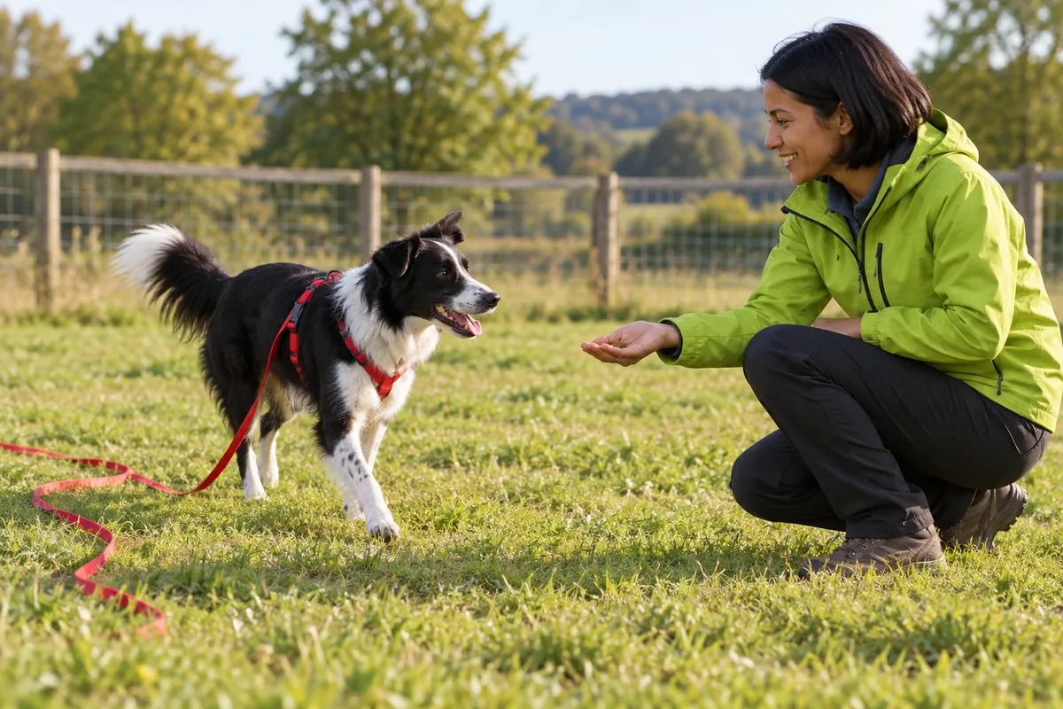 Une femme tend une petite récompense à un chien noir et blanc qui revient vers elle dans un pré clôturé.