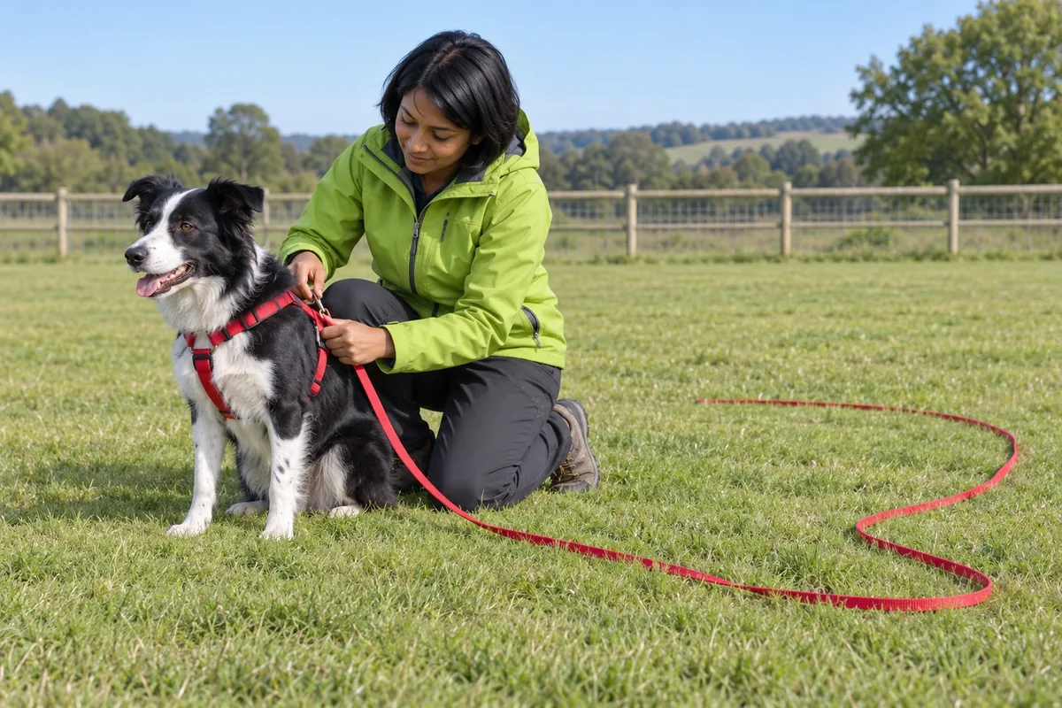 Une femme vérifie le harnais rouge d’un chien tandis que la longe repose en large courbe sur l’herbe.
