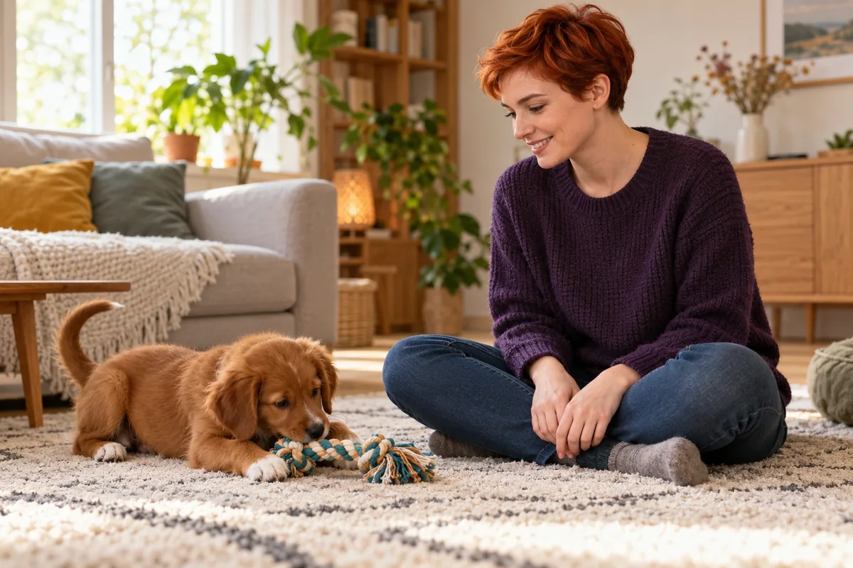 Une femme aux cheveux roux courts observe un chiot brun qui mordille un jouet en corde sur le tapis.