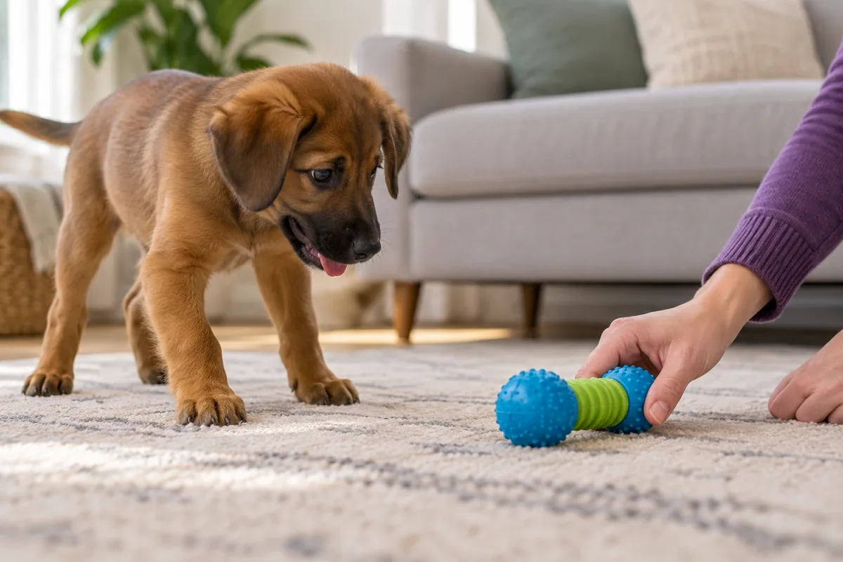 Une main fait glisser un jouet bleu et vert sur le tapis devant un chiot brun qui s’en approche.