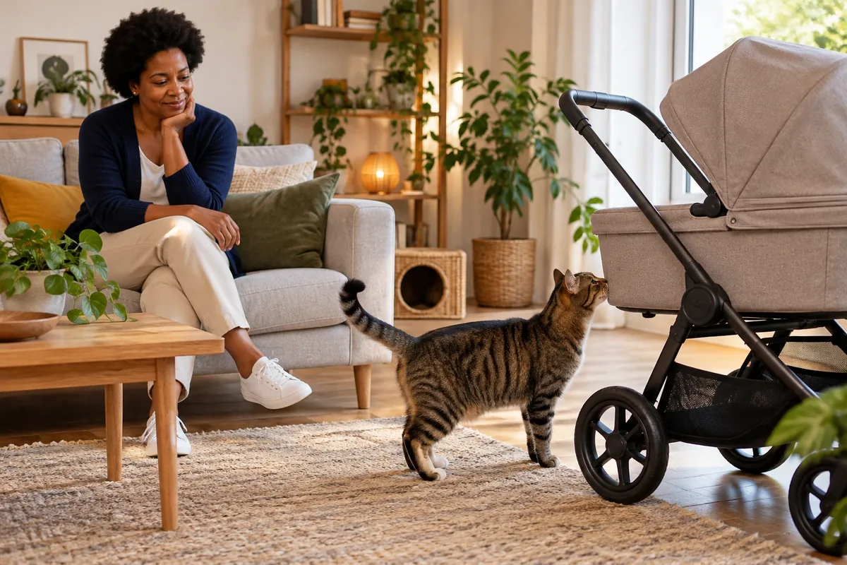 Un chat tigré renifle librement une poussette pendant qu’une femme assise l’observe à distance.