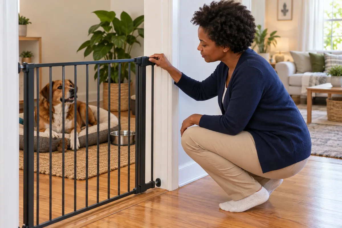 Une femme vérifie le verrou d’une barrière tandis qu’un chien calme repose avec de l’eau derrière.