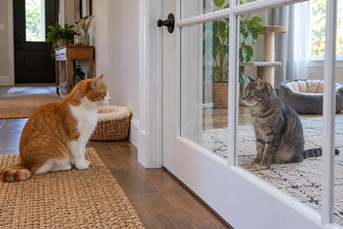 Deux chats calmes s’observent à distance de part et d’autre d’une porte intérieure vitrée fermée.