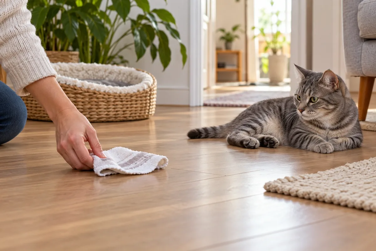 Une main dépose un tissu propre au sol à distance d’un chat gris détendu, libre de s’éloigner.