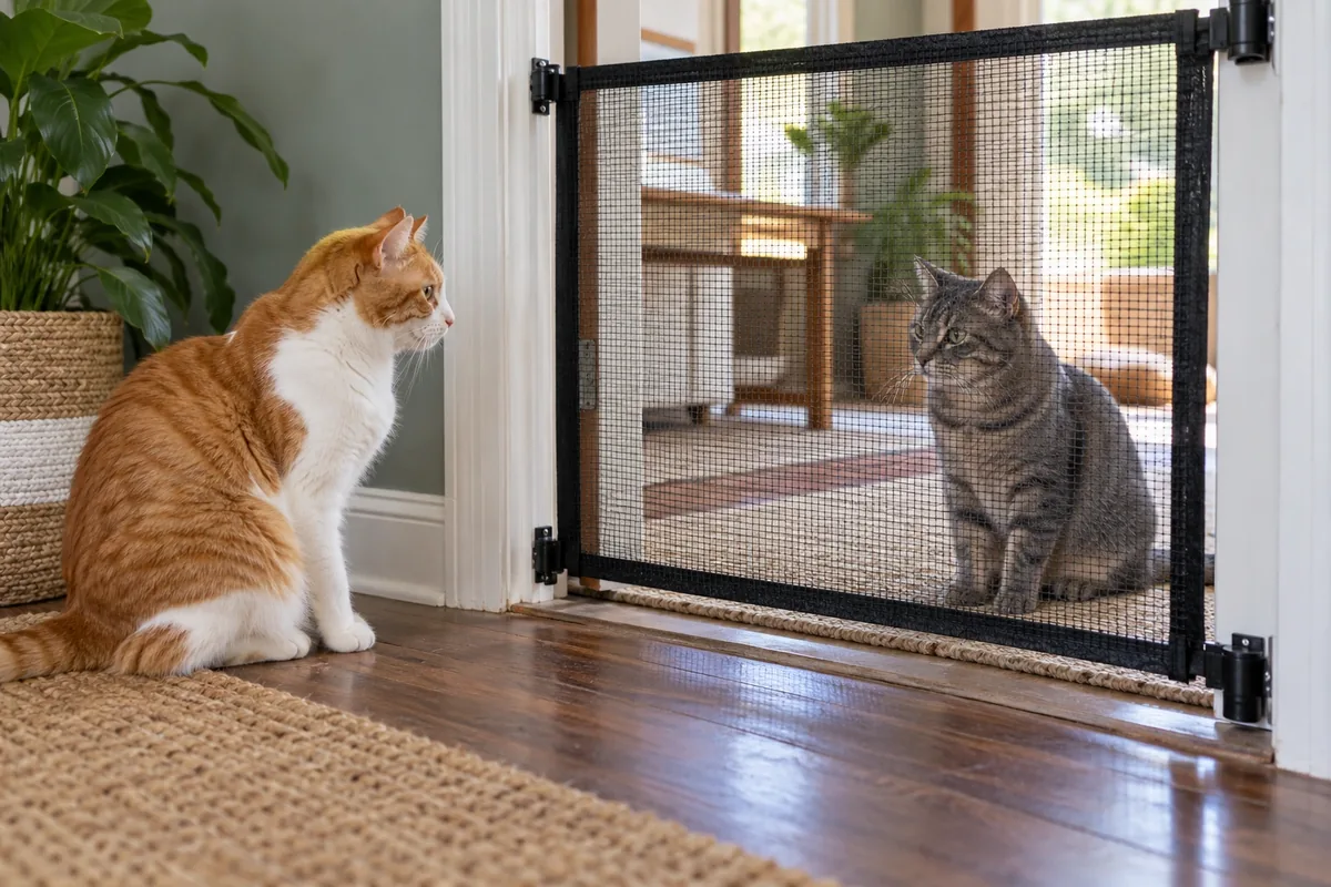 Deux chats détendus se regardent à travers une barrière en maille solidement fixée dans une porte.