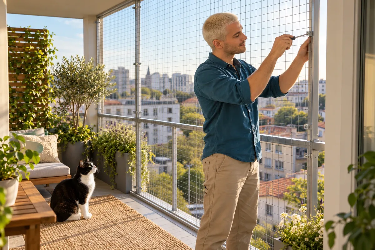 Un homme fixe un filet protecteur sur toute l’ouverture du balcon pendant qu’un chat reste au sol.