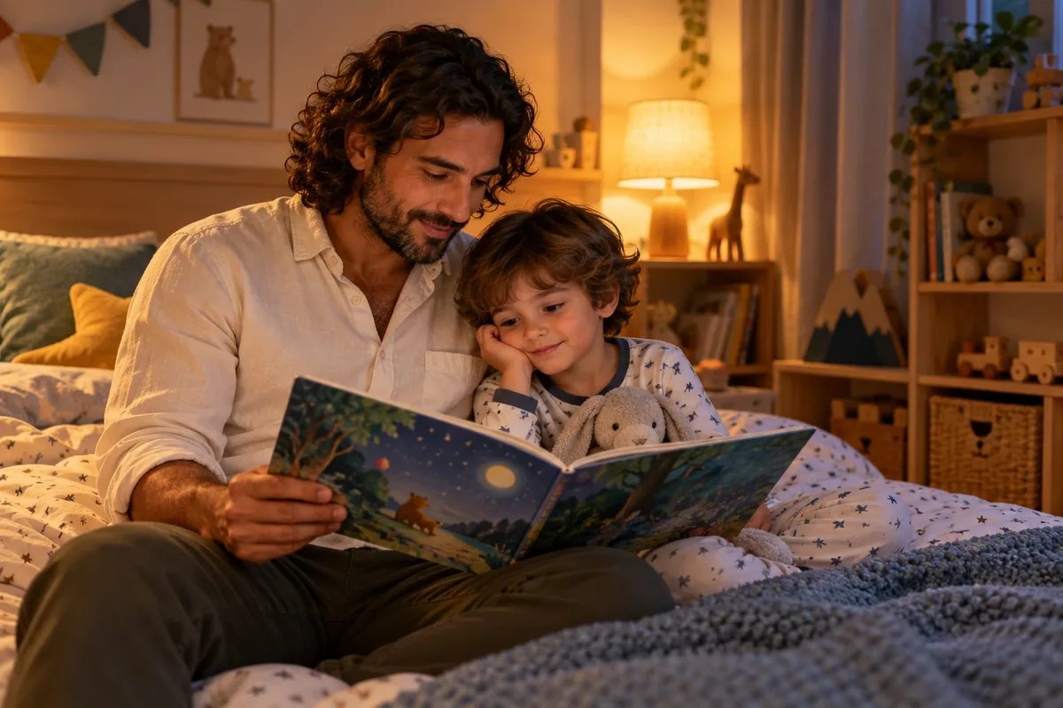Un père lit calmement un album illustré à son jeune enfant en pyjama dans une chambre rangée.