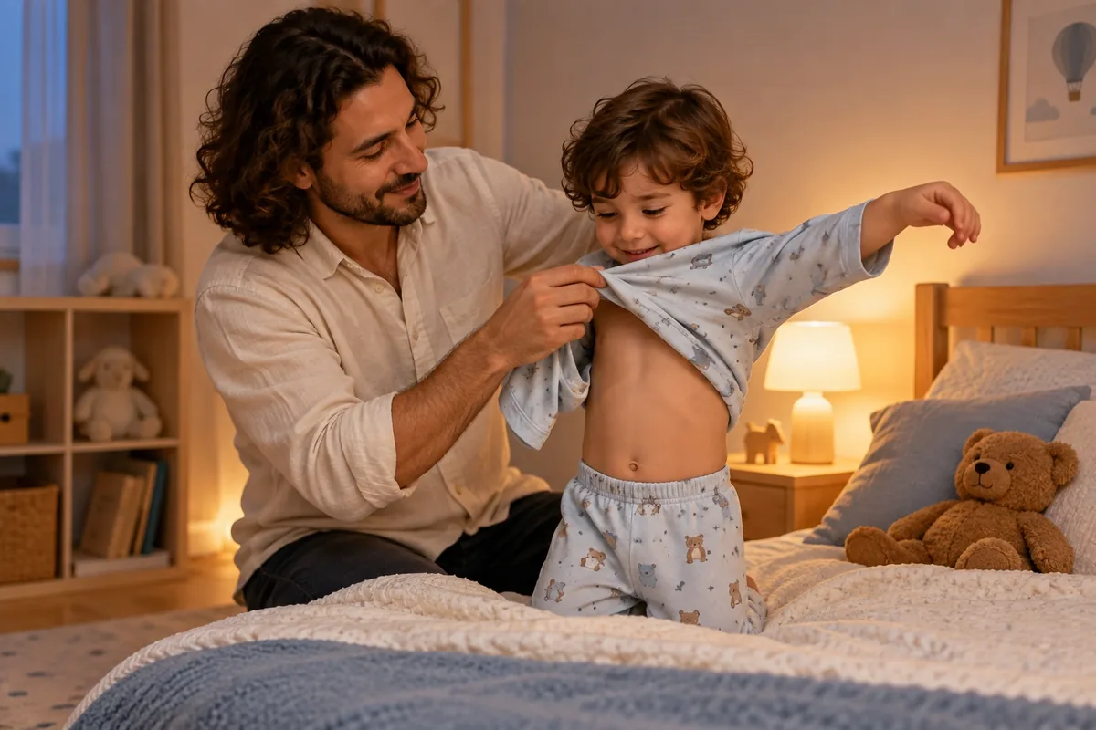Un père aide son jeune enfant à enfiler un haut de pyjama préparé sur le lit avant le coucher.