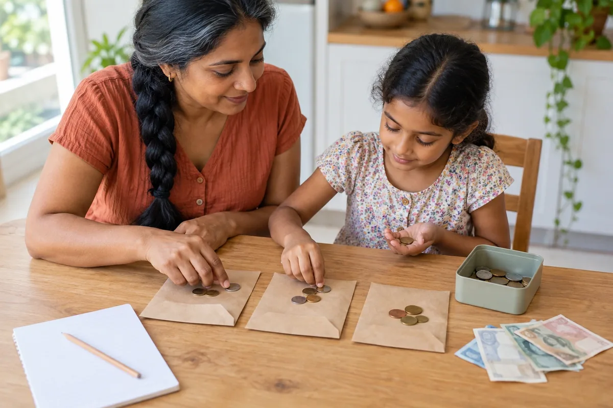 Une mère et sa fille répartissent des pièces entre trois enveloppes vierges sur une table de cuisine.