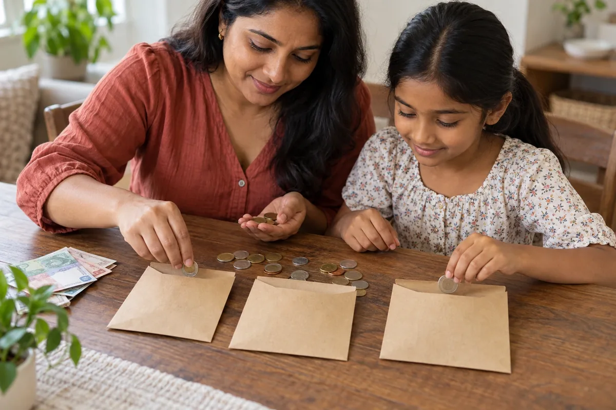 Une mère et sa fille placent des pièces génériques dans trois enveloppes kraft entièrement vierges.