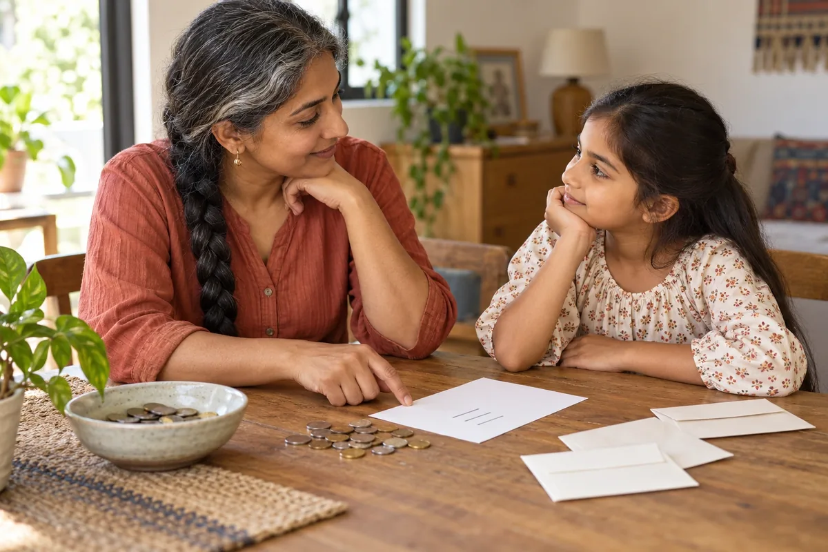 Une mère et sa fille discutent calmement devant des pièces restantes, des enveloppes et une feuille simple.