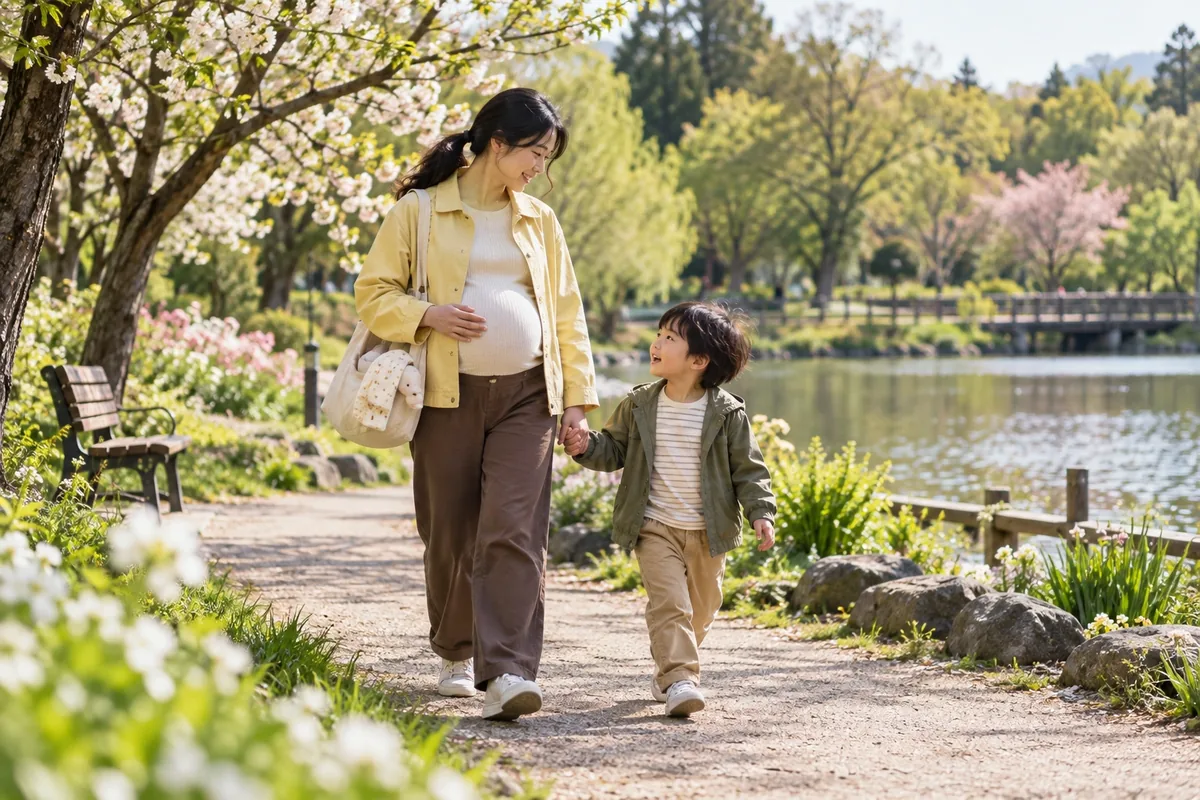 Une femme enceinte marche dans un parc avec son enfant plus âgé en lui tenant doucement la main.