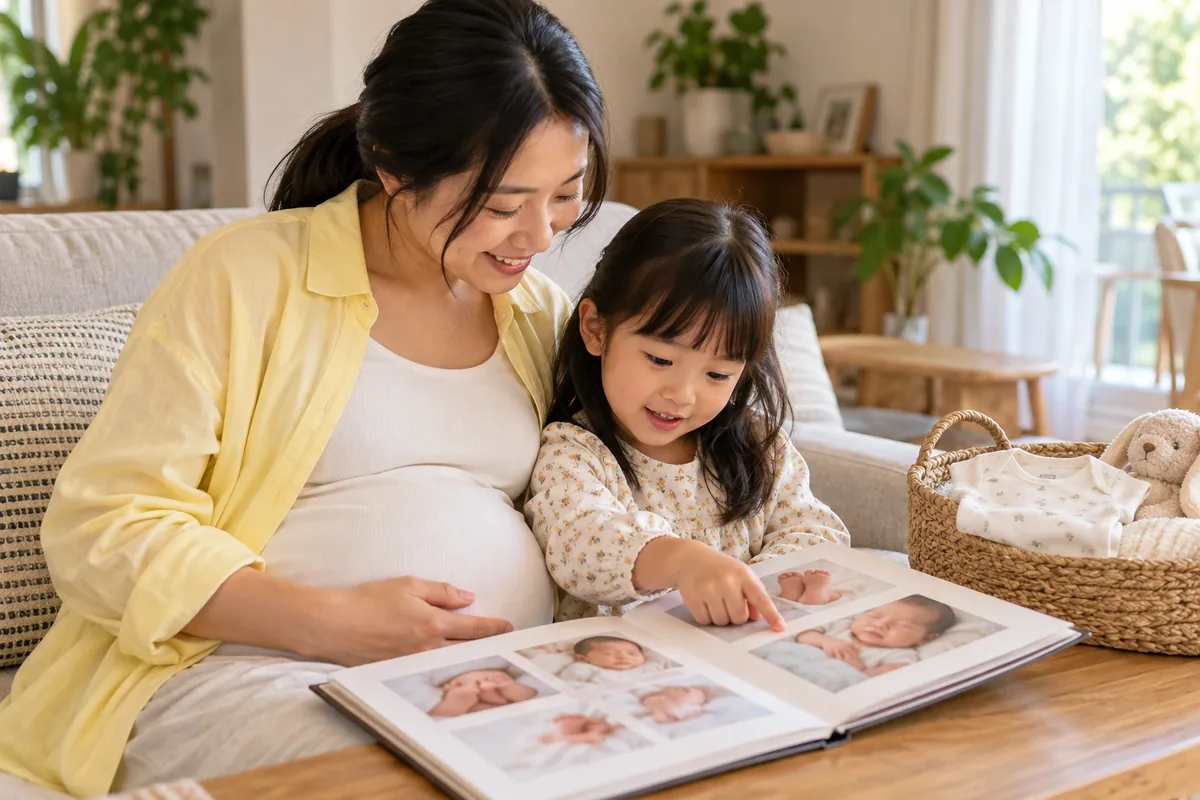 Une femme enceinte et son enfant regardent ensemble un album de photos de bébé près d’un petit panier.