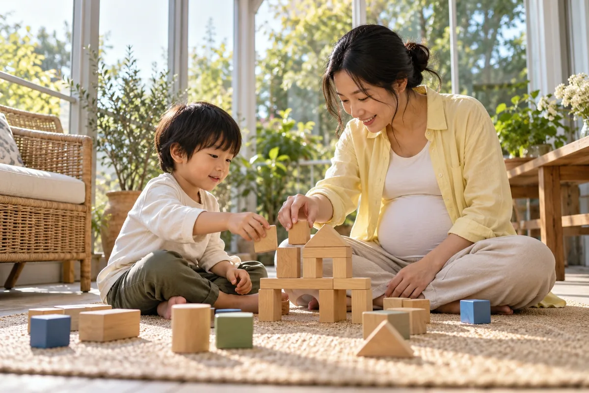 Une femme enceinte construit une maison en gros blocs de bois avec son enfant dans une véranda lumineuse.