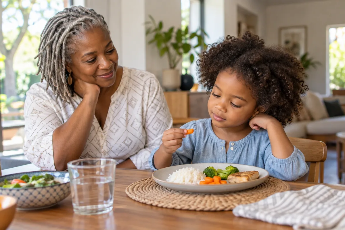 Une femme observe calmement un enfant devant une petite portion de carottes servie avec des aliments familiers.