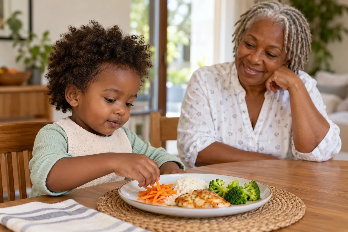 Un enfant choisit une lamelle de carotte dans une assiette où elle accompagne du riz et du poulet.