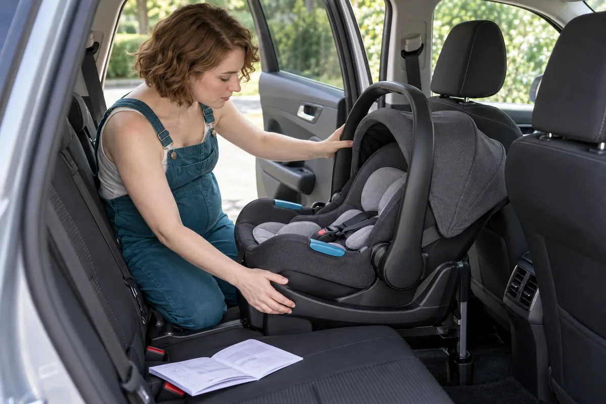 Une femme enceinte vérifie un siège-auto vide installé dos à la route sur la banquette arrière.