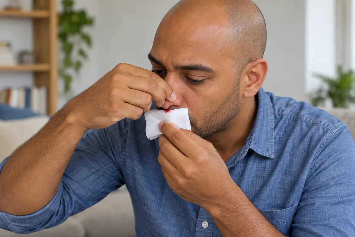 Un homme maintient le pincement de son nez et place une compresse blanche à l'extérieur sous les narines.