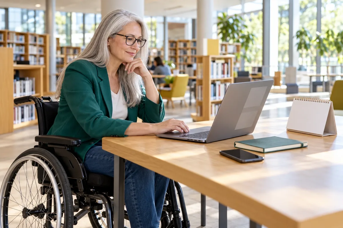 Une femme en fauteuil roulant consulte un ordinateur près d'un calendrier vierge dans une médiathèque.