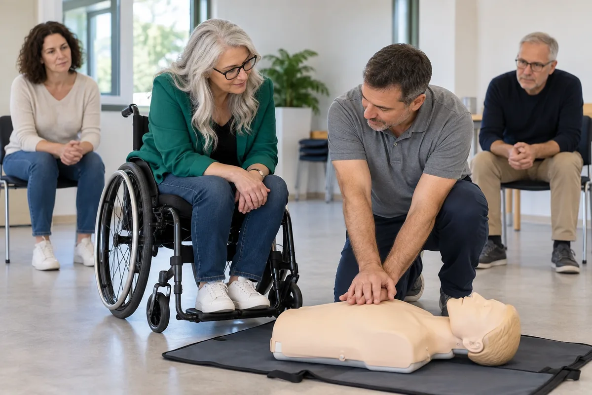 Une femme en fauteuil roulant observe un formateur montrer un geste sur un mannequin de secourisme.