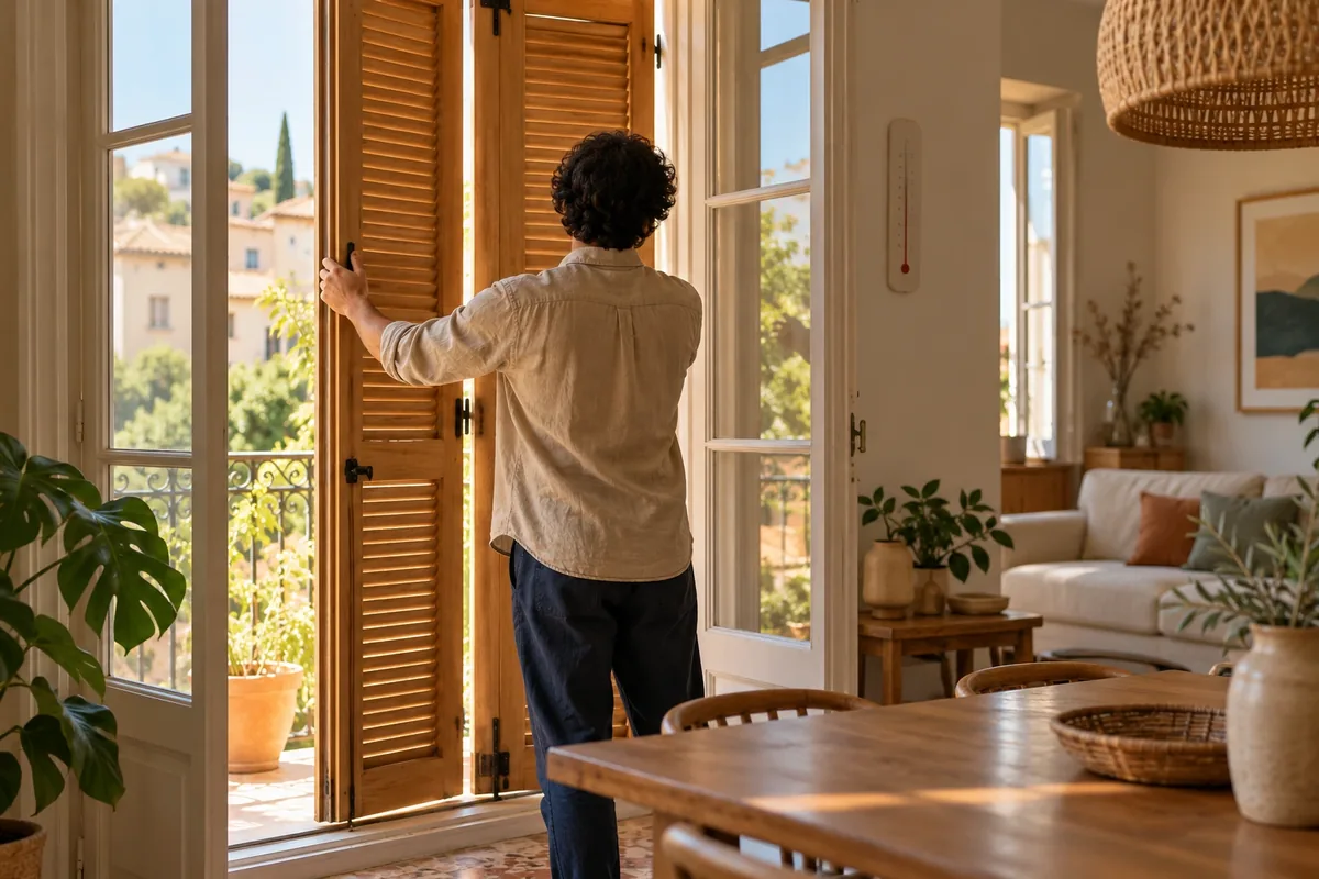 Une personne vue de dos ferme des volets en bois avant que le soleil chauffe son appartement.